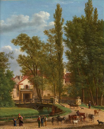 Villagers and Animals in a Landscape Beside a Bridge at the Entrance of a Village by Jean Joseph Xavier Bidauld
