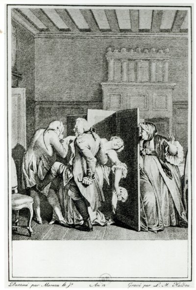 The Baron... saluted Candide with some notable kicks on the breech and drove him out of doors, illustration from chapter 1 of Candide by Francois Voltaire, engraved by Louis Michel Halbou by Jean Michel the Younger Moreau