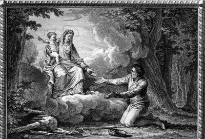 Truce of the Lord under Henry I in 1004: The Virgin appearing at the Timberman, near Puy-en-Velay (Haute Loire), gives her a medal and orders her to work for Peace: this is the starting point of the Truce of God set up in 1044. Engraving. by Jean Michel the Younger (after) Moreau