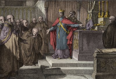 Hugues Capet (941-996) re-established the canonical elections: the king of the Franks allowed the monks to elect their abbots by placing on an altar a crosier and a mitre. Engraving by Jean Michel Moreau, dit Moreau le Jeune (1741-1814) by Jean Michel the Younger Moreau