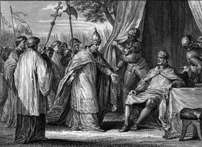 Interview between Pope Gregory IV and Louis I the Pious in 833, in order to settle the dispute between the king and his sons, Lothaire, Pepin and Louis. Engraving by Jean Michel Moreau, dit Moreau le Jeune by Jean Michel the Younger Moreau