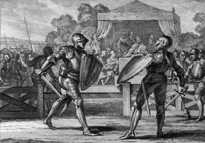 Justice under the Capetians: a duel in armor between two vassals to arbitrate a quarrel. A court (court of peers or barons) first tried to settle their dispute. In case of failure, they would engage in a battle to death. 10th-11th century. Engraving by Jea by Jean Michel the Younger Moreau