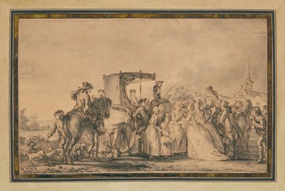 Marie Antoinette, Exiting Her Carriage and Surrounded by Her Cortege, Comforting a Peasant by Jean Michel the Younger Moreau