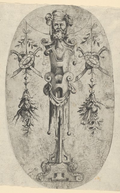 Male Terminal Figure, Head with Beard and Turban on a Three-Quarter Strapwork Pedestal by Jean Mignon
