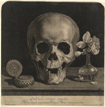Still Life with a Skull and a Vase of Roses by Jean Morin, after Philippe de Champaigne