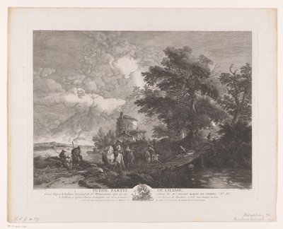 Hunting Party in a Landscape with Bridge (Prints after Paintings by Philips Wouwerman) by Jean Moyreau
