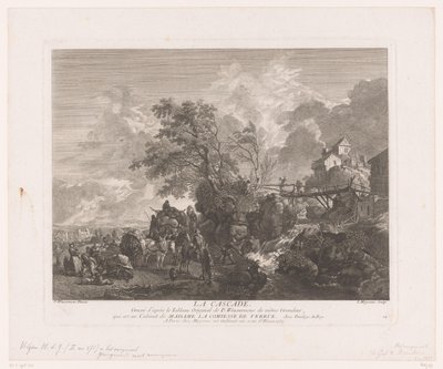 Landscape with Travelers by a Waterfall (series: Prints after Paintings by Philips Wouwerman) by Jean Moyreau