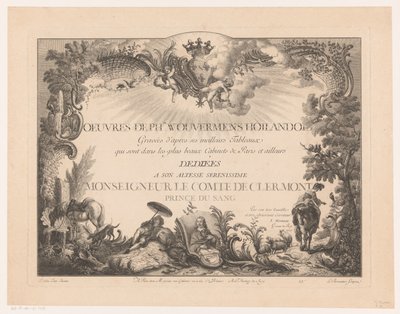 Title Print with Figures and Animals in a Landscape, with the Portrait of Philips Wouwerman (Prenten naar schilderijen door Philips Wouwerman) by Jean Moyreau