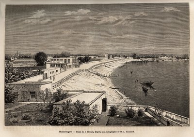 Chandernagor (present-day Chandannagar, in West Bengal), on the banks of the Ganges, engraving after the drawing by J. Moynet, illustrating the journey in India of the Rajahs, in 1864-1868, by Louis Rousselet, published in “Le tour du monde” 1874, edited b by Jean Pierre Moynet