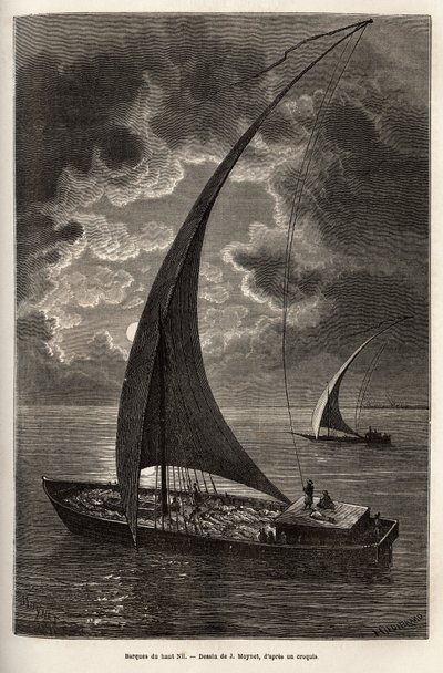 The boats of the upper Nile, reduced crew and passengers sleeping on deck, in moonlight, engraving after J.Moynet