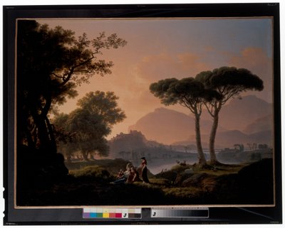 Morning and Evening: A Classical Landscape with Shepherds and Nymphs by a Lake, a Hilltop Castle Beyond by Jean Pierre Pequignot
