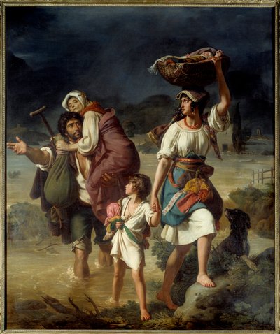 A Family of Contadini Surprised by a Speedy Overflow of the Tiber Escapes Through the Waters, Called Peasants of the Roman Countryside Fleeing a Flood by Jean Victor Schnetz