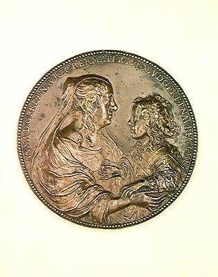 Foundation medal of Val-de-Grace. Verso depicting Anne of Austria and her son, Louis XIV 1638 by Jean Warin