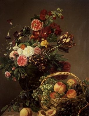 Still Life with Flowers and Fruits in a Basket by Jeanne Marie Josephine Hellemans