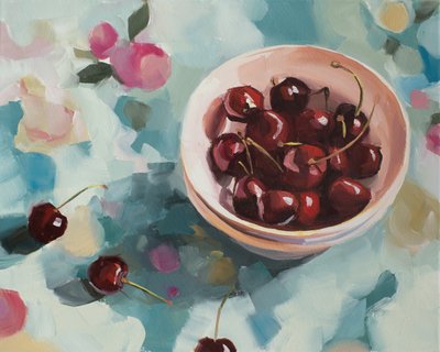 Cherries On Tablecloth by Jenny Westenhofer