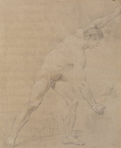 Model Standing, Facing Right, Left Arm Raised, Right Arm Lowered and Supported Against a Rock by Jens Juel
