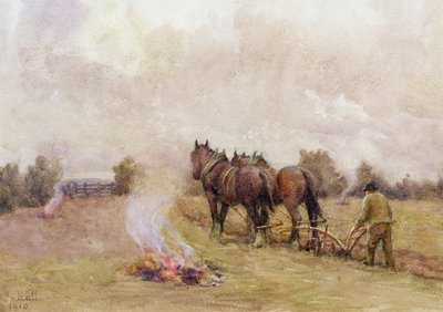 Ploughing Scene with Fires in a Field, 1910 by Jessie Hall
