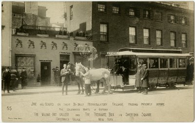Jane and Howard on their bi-daily perambulatory passage pauding patiently before the celebrated marts of giftery The Village Art Gallery and The Treasure Box in Sheridan Square, Greenwich Village, New York, USA by Jessie Tarbox Beals