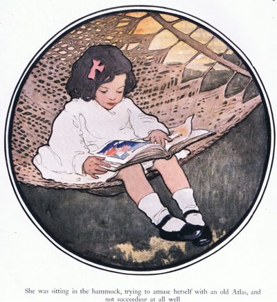 She was sitting in the hammock, trying to amuse herself with an old atlas and not succeeding at all well by Jessie Willcox Smith