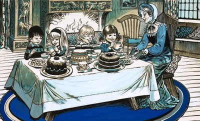 Unidentified scene of children eating a feast before a roaring fire by Jesus Blasco