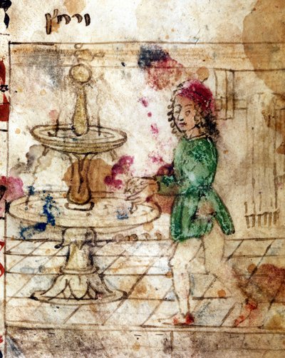 Judaism: ritual ablution. Miniature taken from a page of a Machazor in Hebrew. 15th century. Biblioteca Palatina, Parma by Jewish School