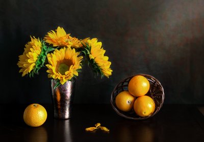 Golden Sunflowers and Oranges by Jie Fischer