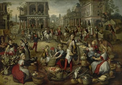 Marketplace, with the Flagellation, the Ecce Homo and the Bearing of the Cross in the background by Joachim Beuckelaer