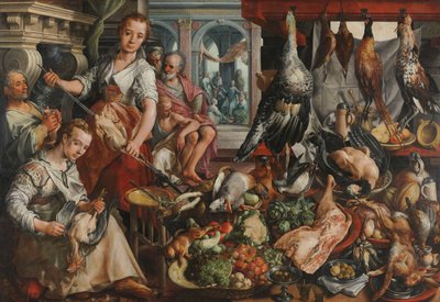 The Well-stocked Kitchen, with Jesus in the House of Martha and Mary in the Background by Joachim Bueckelaer