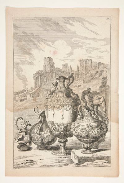 Four Vases, A Broken Vase, A Broken Candlestick, and A Herm in a Landscape with Classical Ruins by Joachim von Sandrart