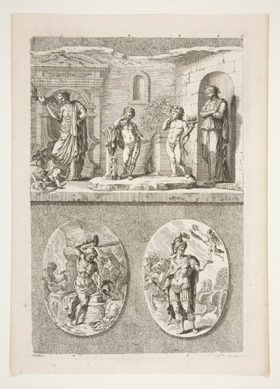 Top Half: Four Antique Statues, Bottom Half: Forge of Vulcan and A Victorious Roman General by Joachim von Sandrart