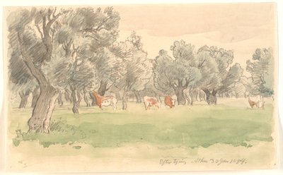 Greek Landscape with Olive Trees and Grazing Red-Spotted Cattle by Joakim Frederik Skovgaard
