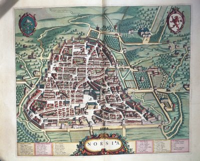 Map of Norcia from Theatrum civitatum et admirandorum Italiae by Joan Blaeu, engraving by Joan Blaeu