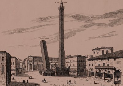 The Two Towers (Asinelli and Garisenda), Bologna, Emilia-Romagna, Italy, copper engraving by Joan Blaeu