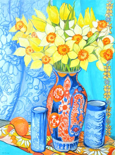 Daffodils and Tulips in an Imani Vase; Oranges and Textiles by Joan Thewsey