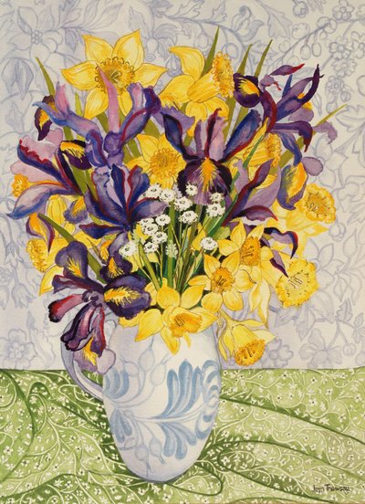 Iris and Daffodils with Patterned Textiles by Joan Thewsey
