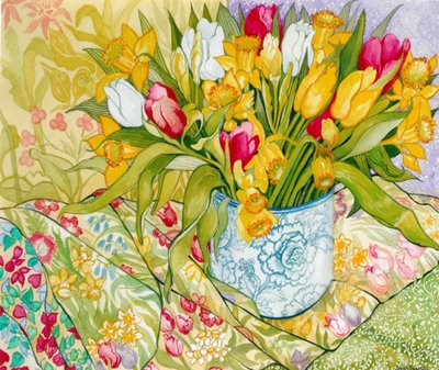 Tulips and Daffodils with Patterned Textiles, 2000 by Joan Thewsey