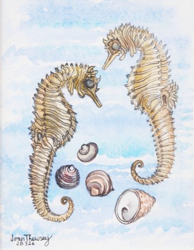Two Seahorses, with Shells, 2000 by Joan Thewsey