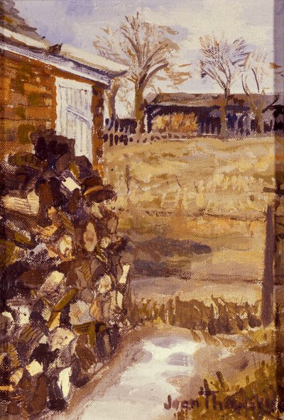 View from the Cottage Window, Logs stored for winter by Joan Thewsey