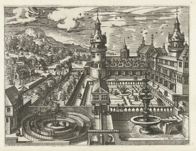 Castle with maze and fountain by Joannes van Doetechum (I) (attributed to)