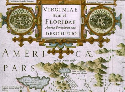 Title cartouche and insets, detail of the map of North Carolina titled Virginiae item et Floridae, from the Mercator Atlas... of 1606, pub. by Jodocus Hondius by Jodocus Hondius