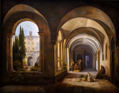 Franciscan monks in the cloister of Santa Maria d