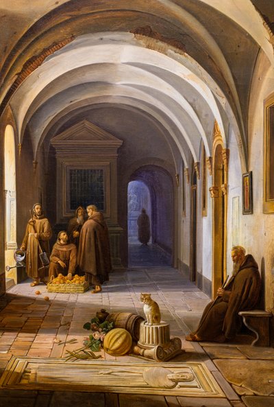 Franciscan monks in the cloister of Santa Maria d