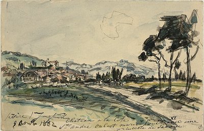 Chateau, Cote Saint Andre (front) Empty Cart and Shed with Other Sketches (back) by Johan Barthold Jongkind