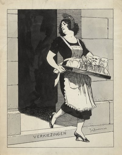 Design for Illustration in De Amsterdammer: The Dutch Maiden as a Maid with a Tray of Glasses Stumbles over the Step Elections (May 17, 1924) by Johan Braakensiek