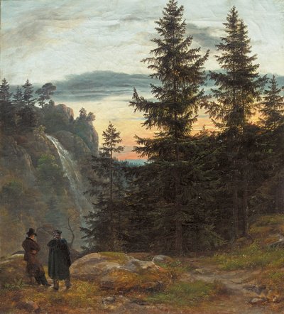 Two Men before a Waterfall at Sunset by Johan Christian Dahl