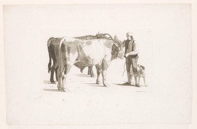 Man and a Dog Next to Two Oxen with a Yoke by Johan Jakob Biedermann