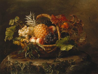 A Pineapple, Grapes, Peaches and Apricots in a Basket by Johan Laurents Jensen