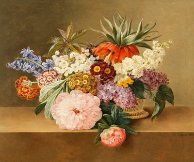 Iris, Lilac, Primulae, Blossom and Peonies in a Basket by Johan Laurents Jensen