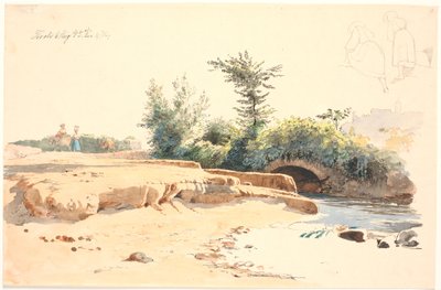 Partially Dried Riverbed with Bridge, Above Two Pen Studies of a Girl Seen from Behind by Johan Thomas Lundbye