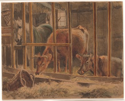 The Interior of a Stable with a White Horse and Two Cows by Johan Thomas Lundbye